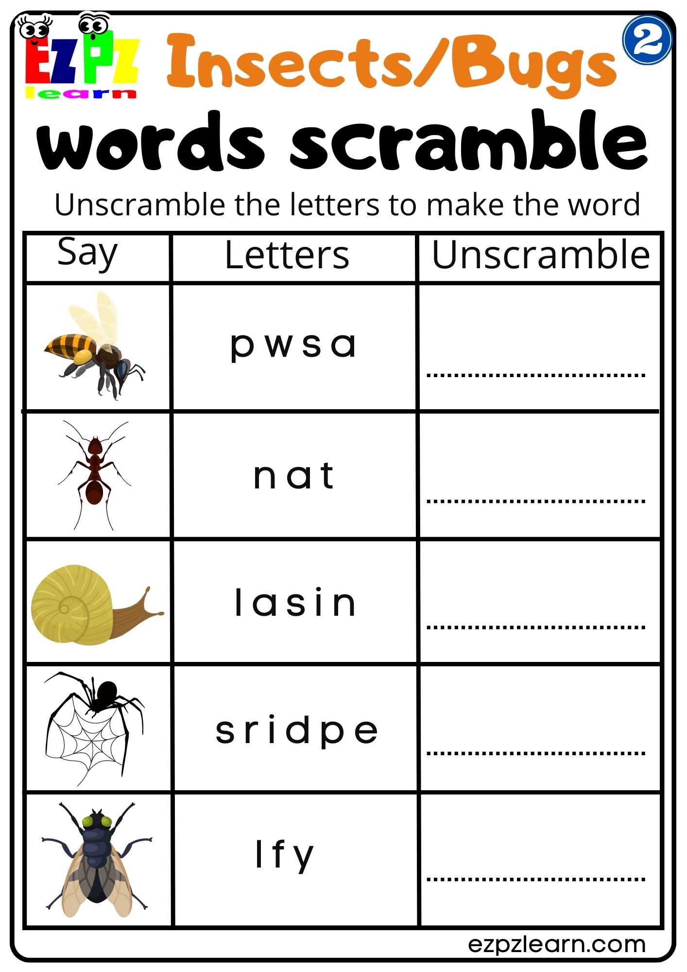 Group 2 Insects and Bugs Read Word Scramble Worksheet PDF Download For Homeschool and ESL Students